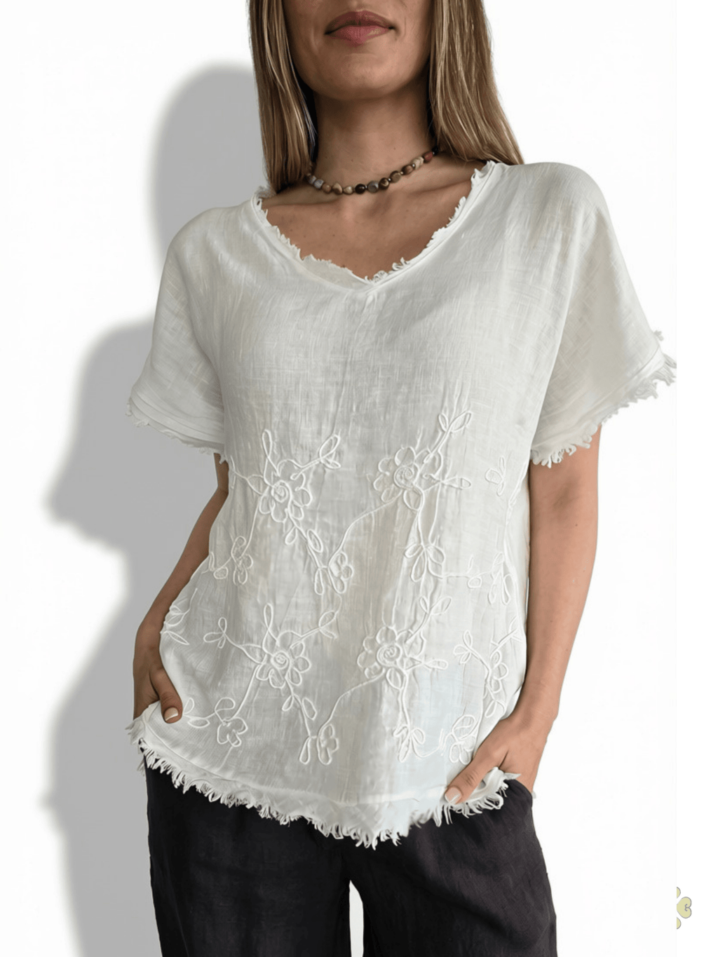 Blusa Italiana 100% Lino Bordada, color Blanco