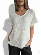 Blusa Italiana 100% Lino Bordada, color Blanco