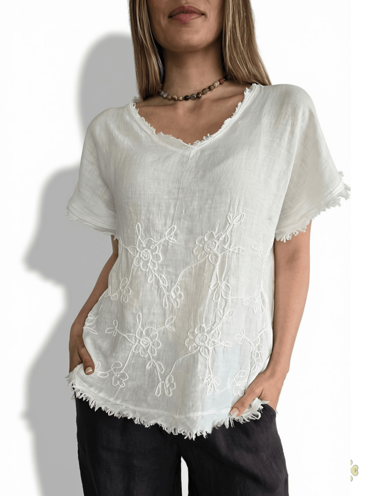 Blusa Italiana 100% Lino Bordada, color Blanco