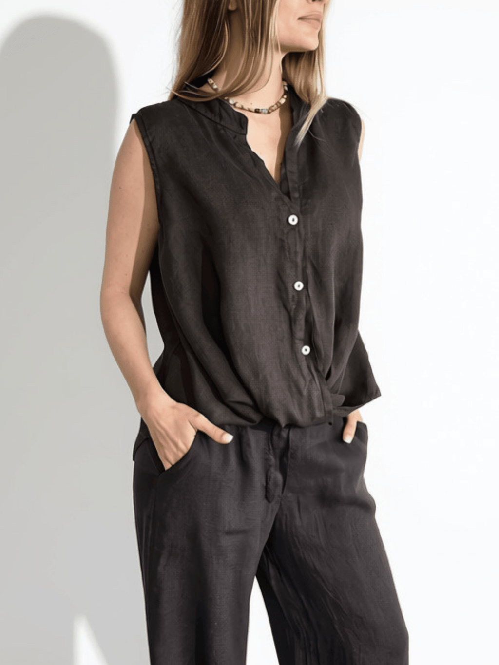 Blusa Italiana 100% Lino Basta con Vuelta, color Chocolate