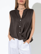 Blusa Italiana 100% Lino Basta con Vuelta, color Chocolate