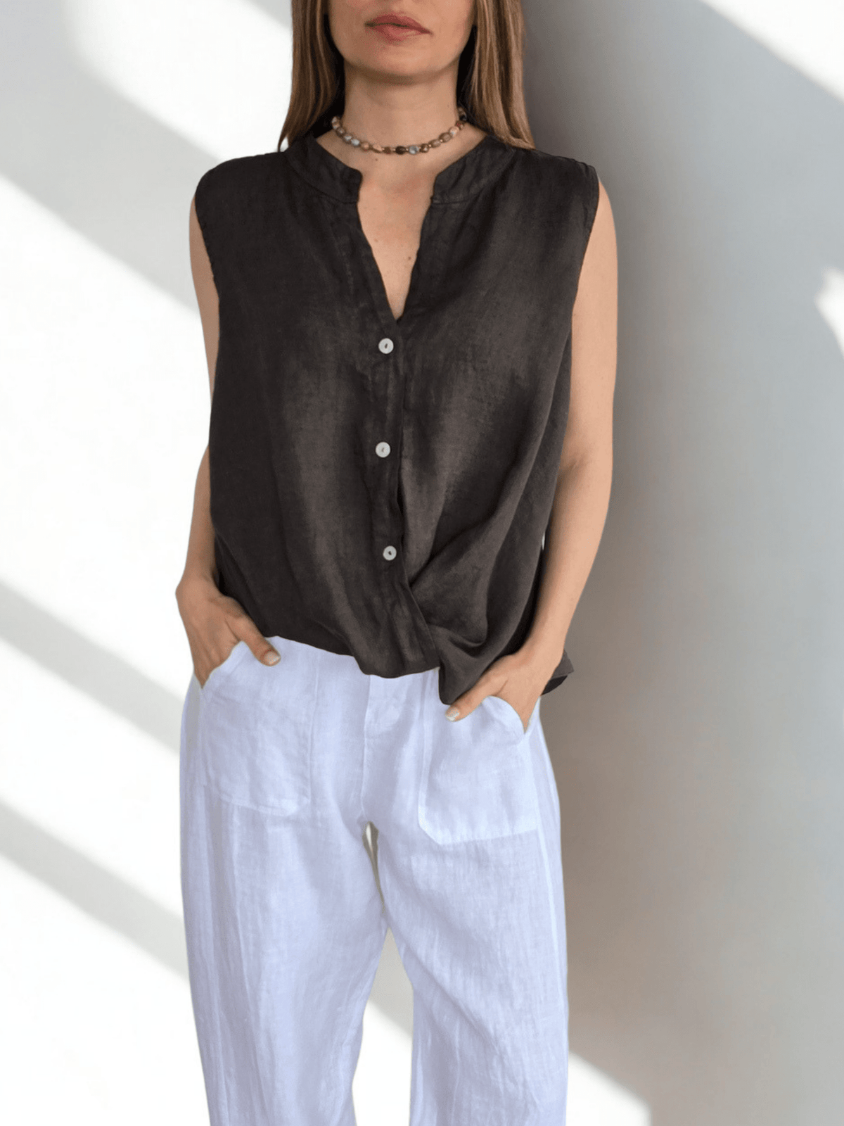 Blusa Italiana 100% Lino Basta con Vuelta, color Chocolate
