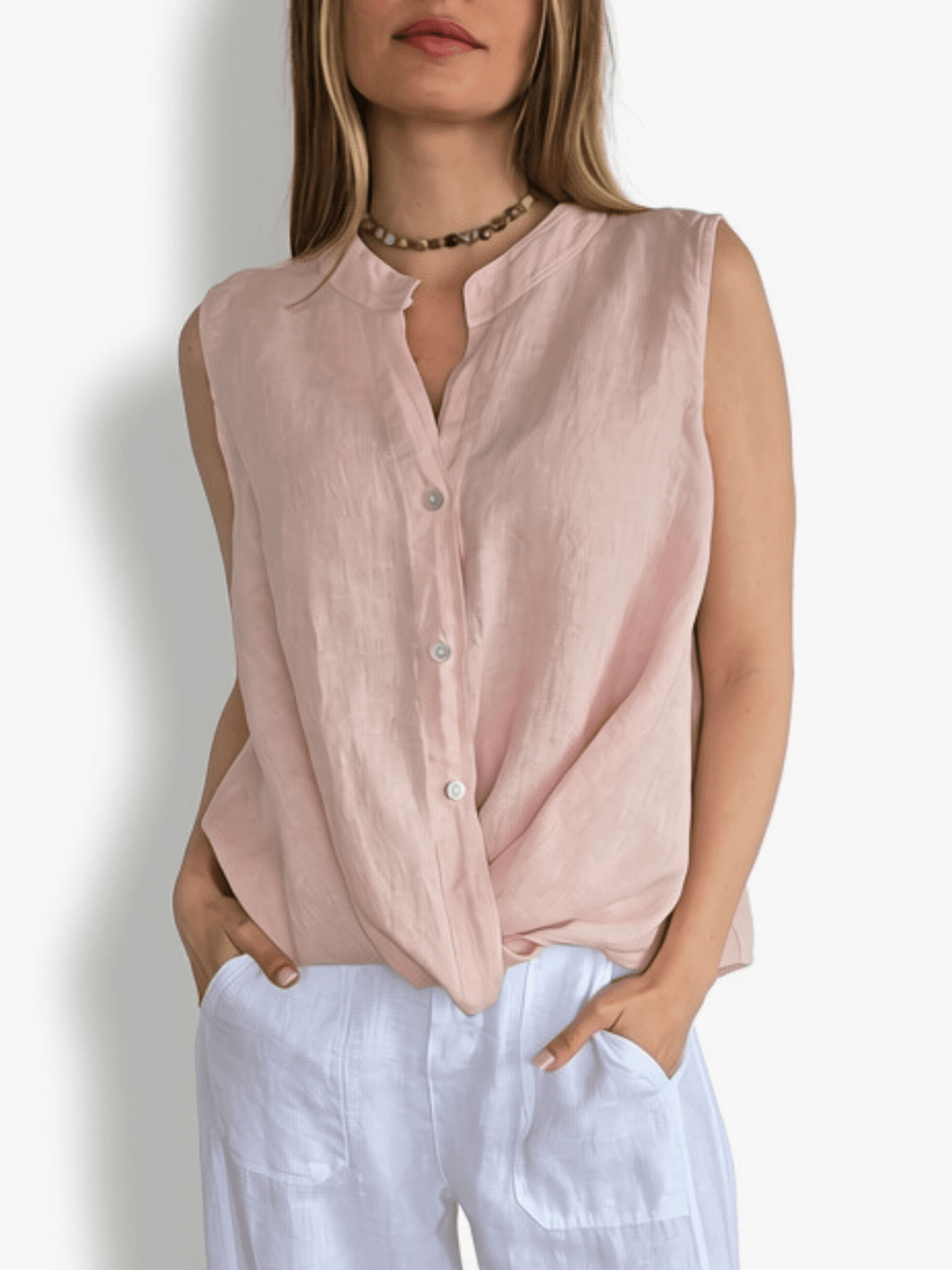 Blusa Italiana 100% Lino Basta con Vuelta, color Rosado