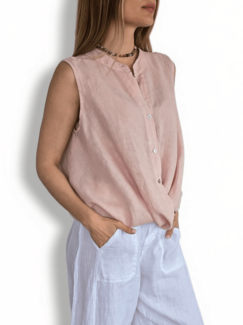 Blusa Italiana 100% Lino Basta con Vuelta, color Rosado