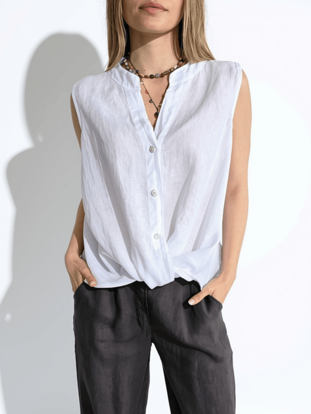 Blusa Italiana 100% Lino Basta con Vuelta, color Blanco