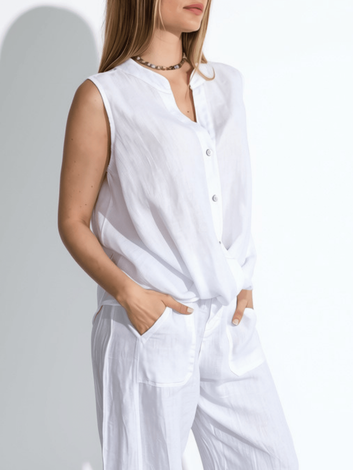 Blusa Italiana 100% Lino Basta con Vuelta, color Blanco