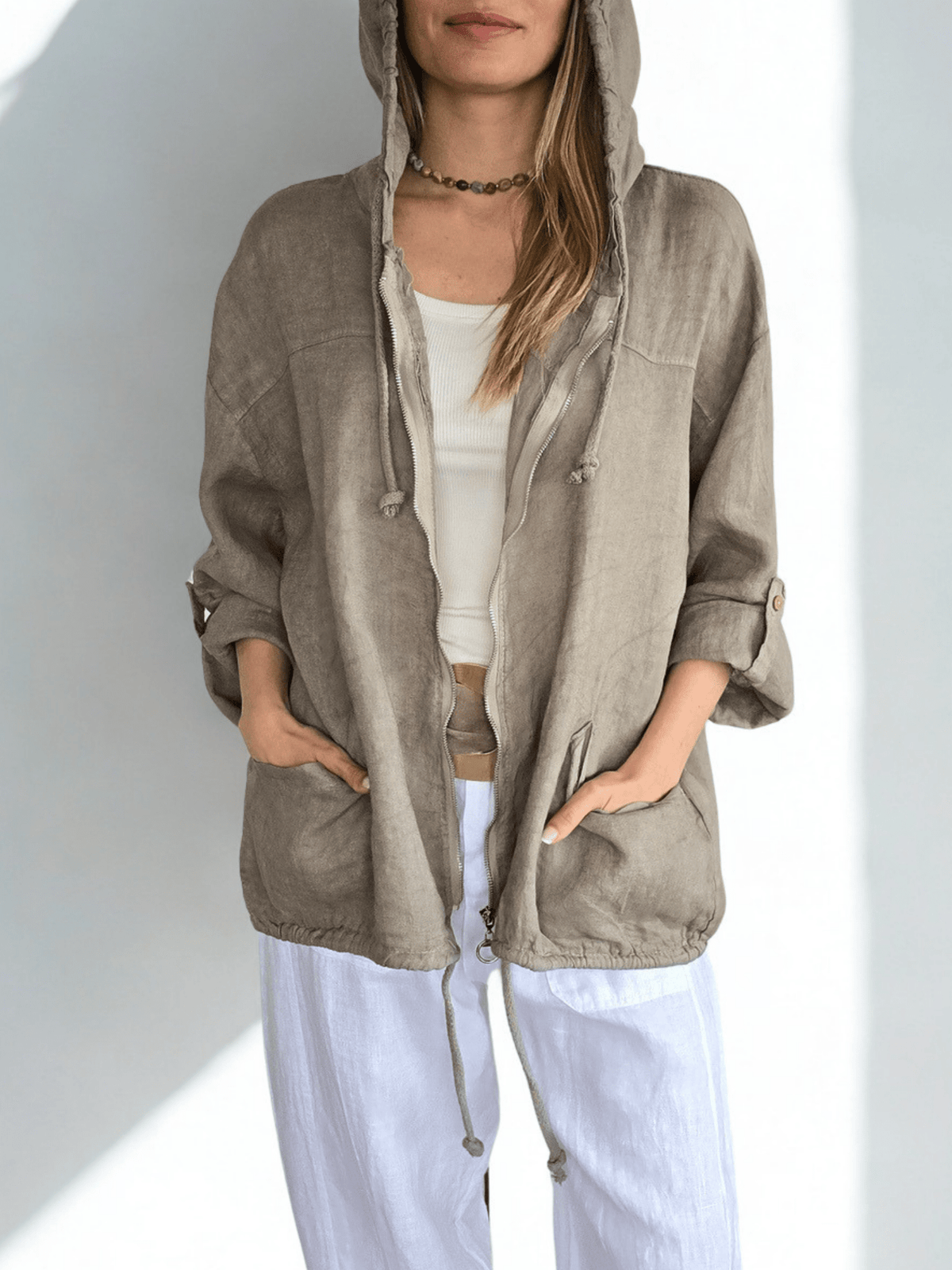 Chaqueta Italiana 100% Lino, color Taupe
