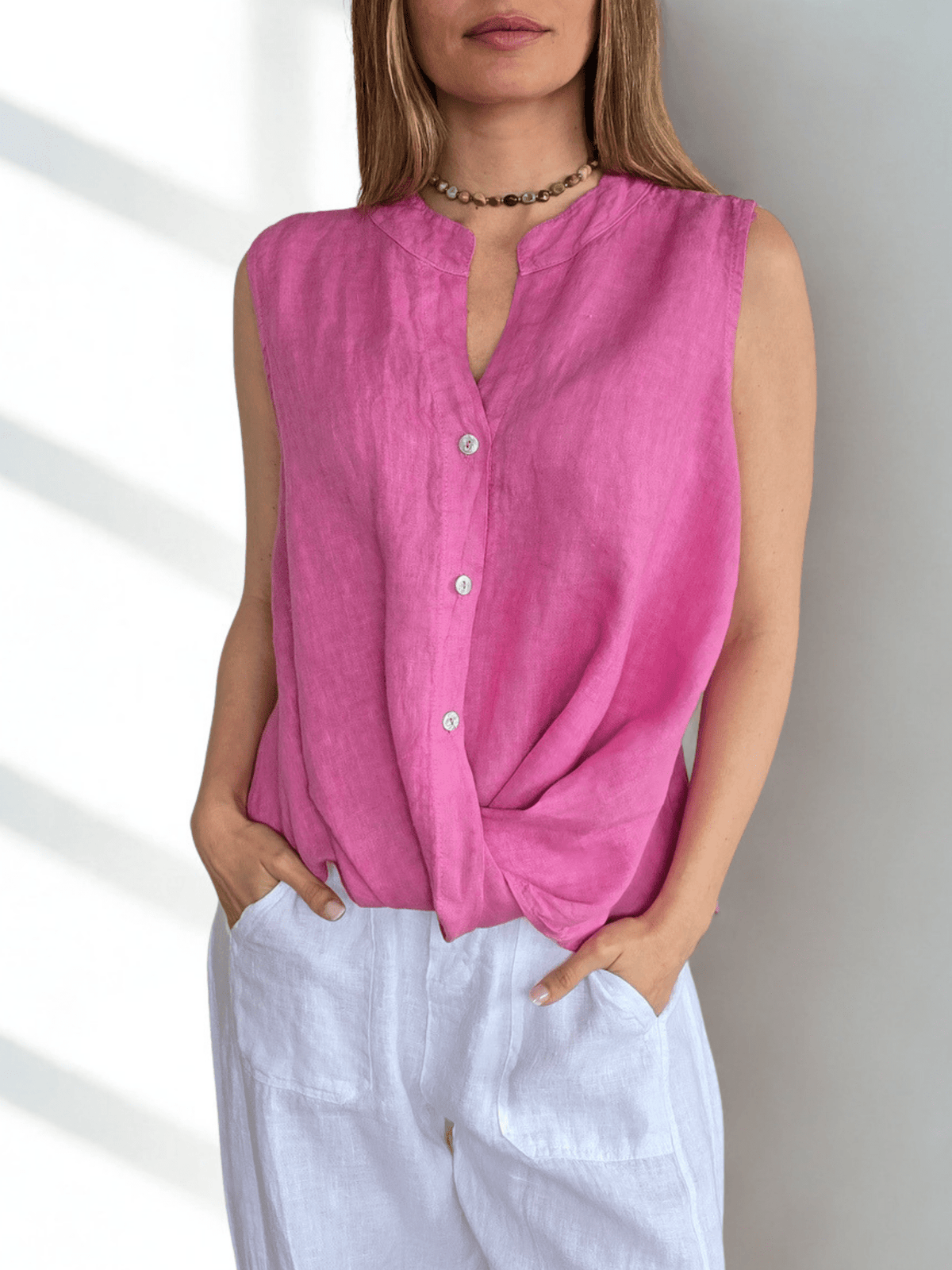 Blusa Italiana 100% Lino Basta con Vuelta, color Magenta