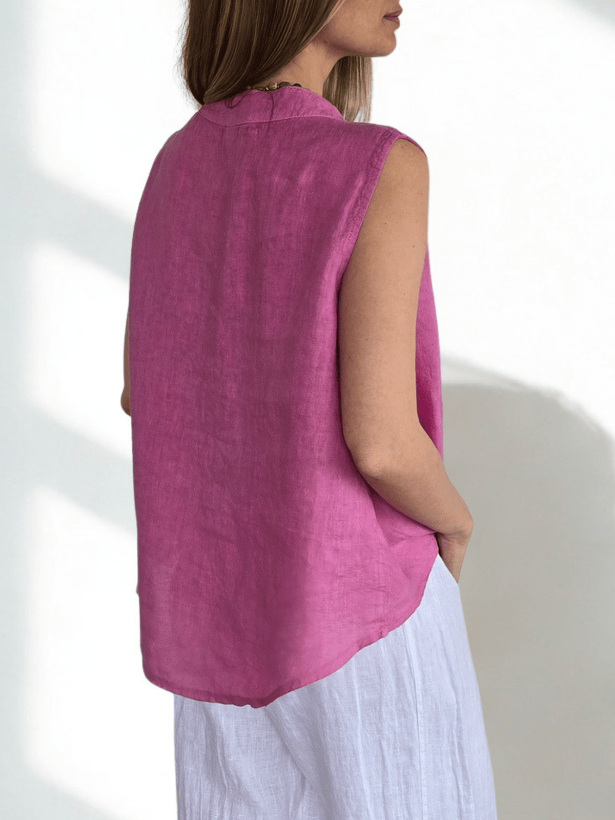 Blusa Italiana 100% Lino Basta con Vuelta, color Magenta