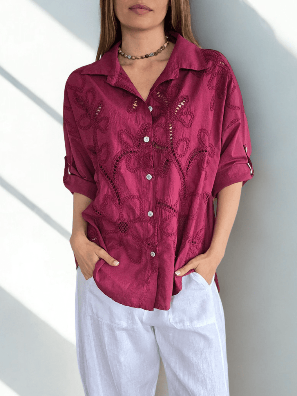 Blusa Italiana Bordada, color Guinda