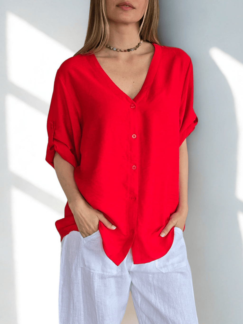 Blusa Escote en V, color Rojo