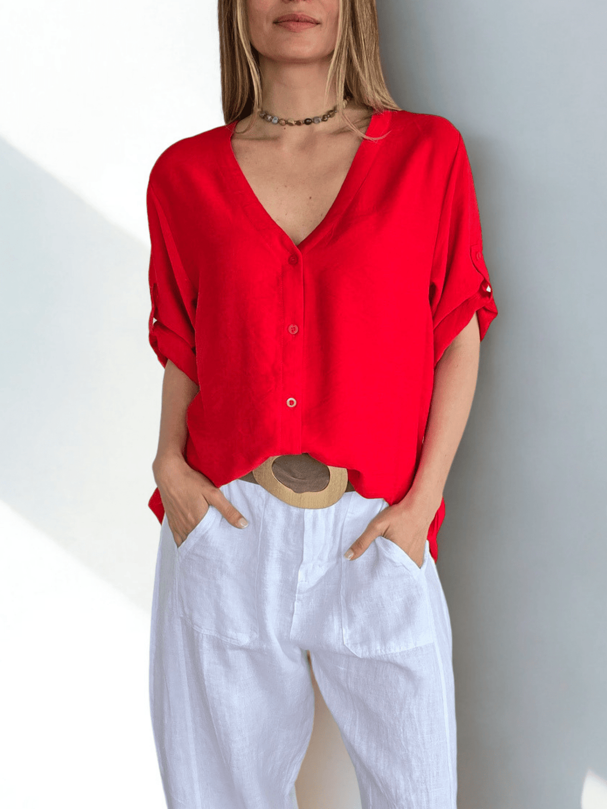 Blusa Escote en V, color Rojo