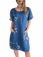 Vestido Italiano 100% Lino Estampado, fondo Azul