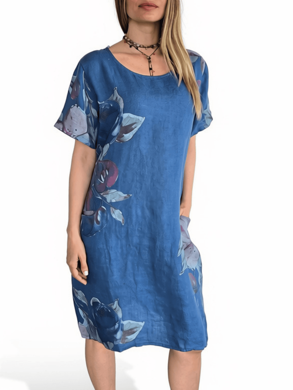 Vestido Italiano 100% Lino Estampado, fondo Azul