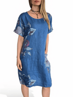 Vestido Italiano 100% Lino Estampado, fondo Azul
