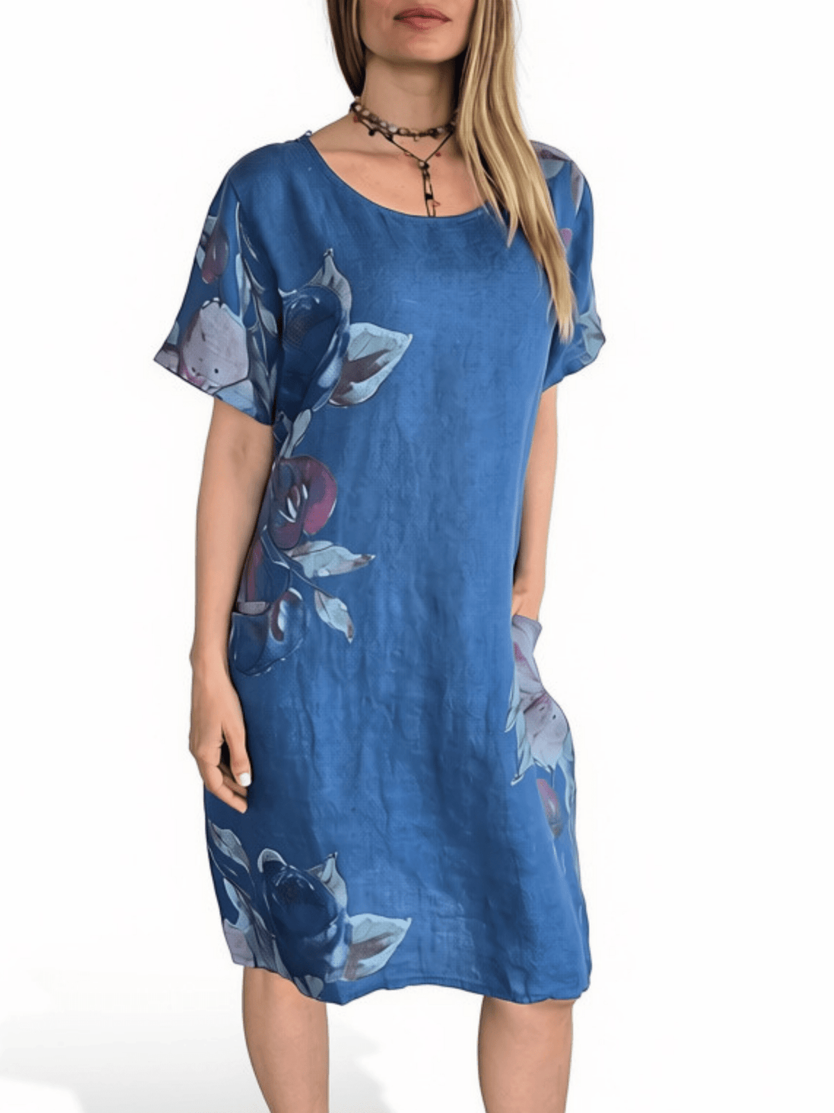 Vestido Italiano 100% Lino Estampado, fondo Azul