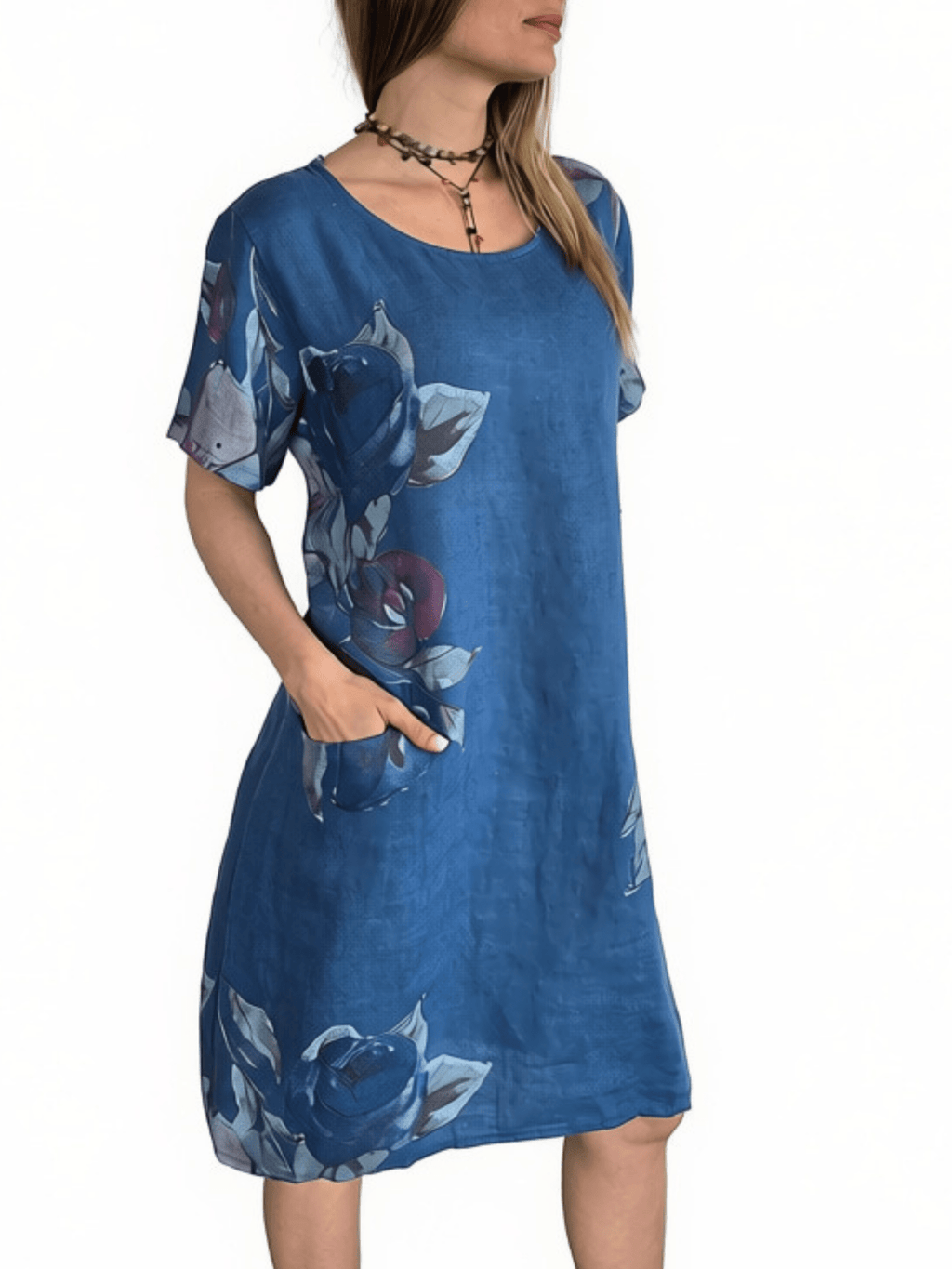 Vestido Italiano 100% Lino Estampado, fondo Azul
