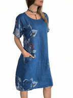 Vestido Italiano 100% Lino Estampado, fondo Azul