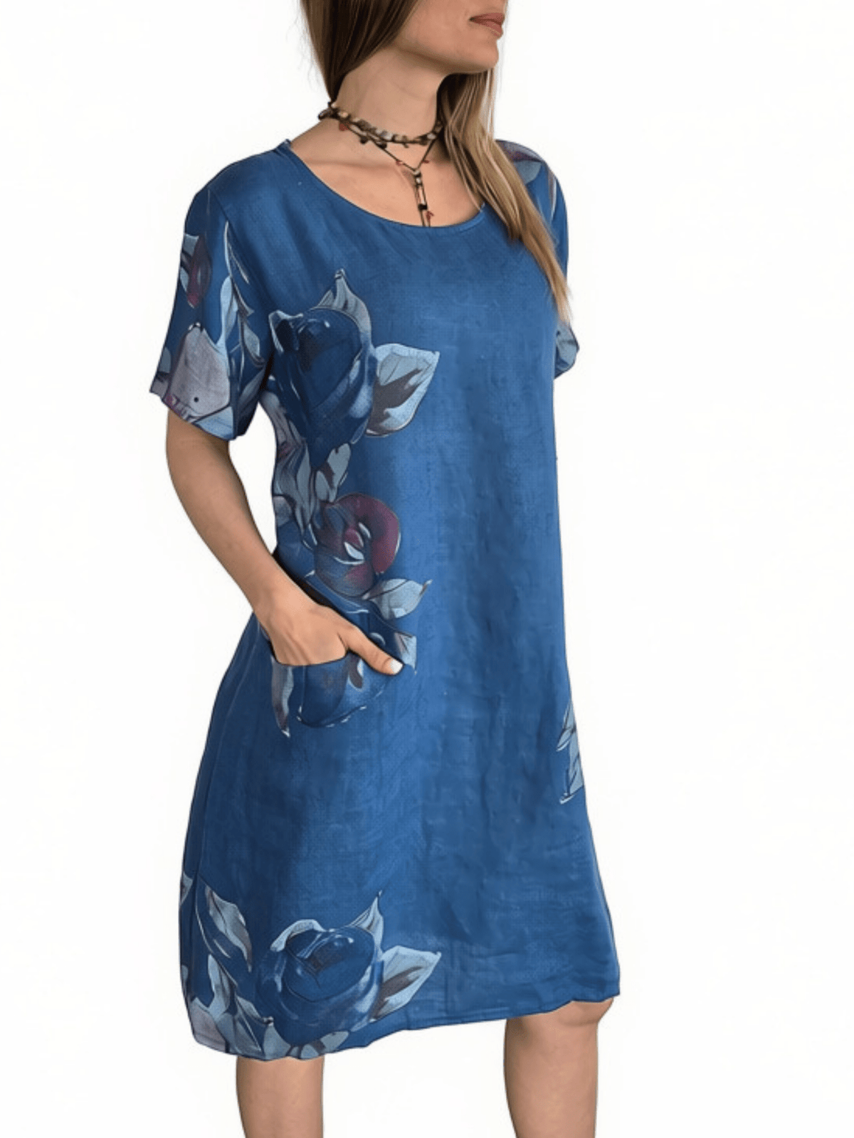 Vestido Italiano 100% Lino Estampado, fondo Azul