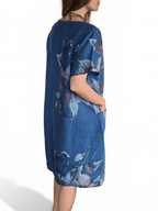 Vestido Italiano 100% Lino Estampado, fondo Azul