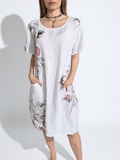 Vestido Italiano 100% Lino Estampado, fondo Blanco