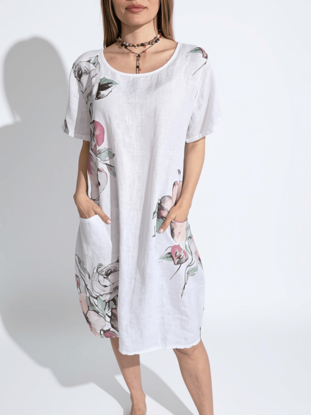 Vestido Italiano 100% Lino Estampado, fondo Blanco