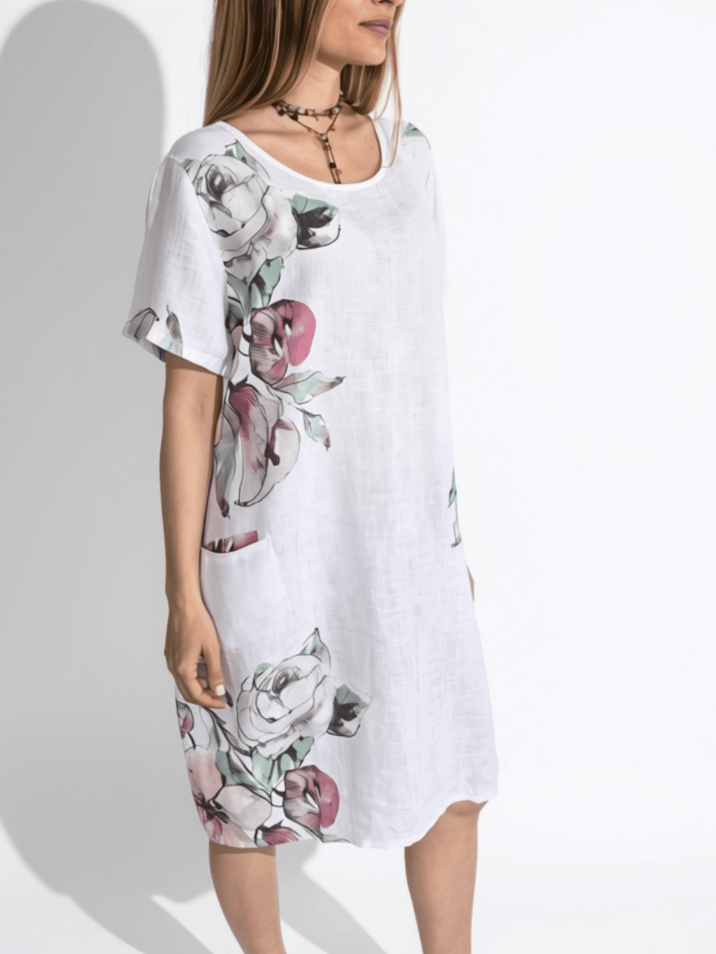 Vestido Italiano 100% Lino Estampado, fondo Blanco