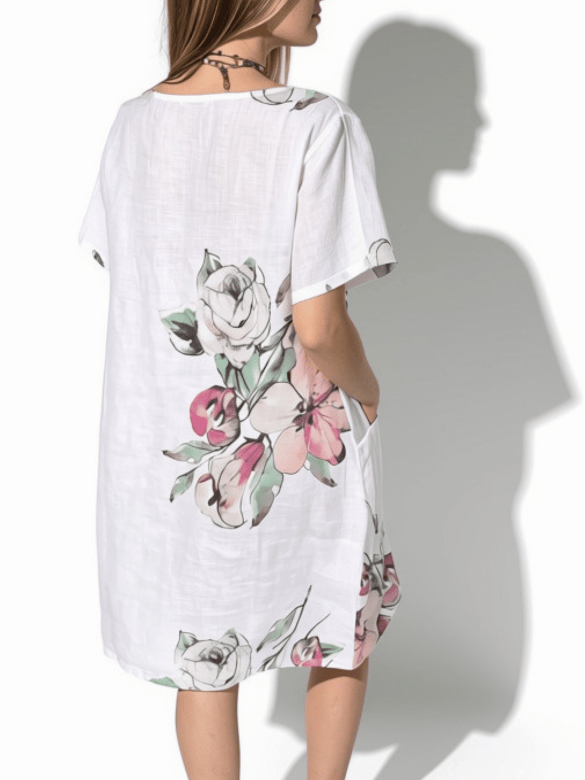 Vestido Italiano 100% Lino Estampado, fondo Blanco