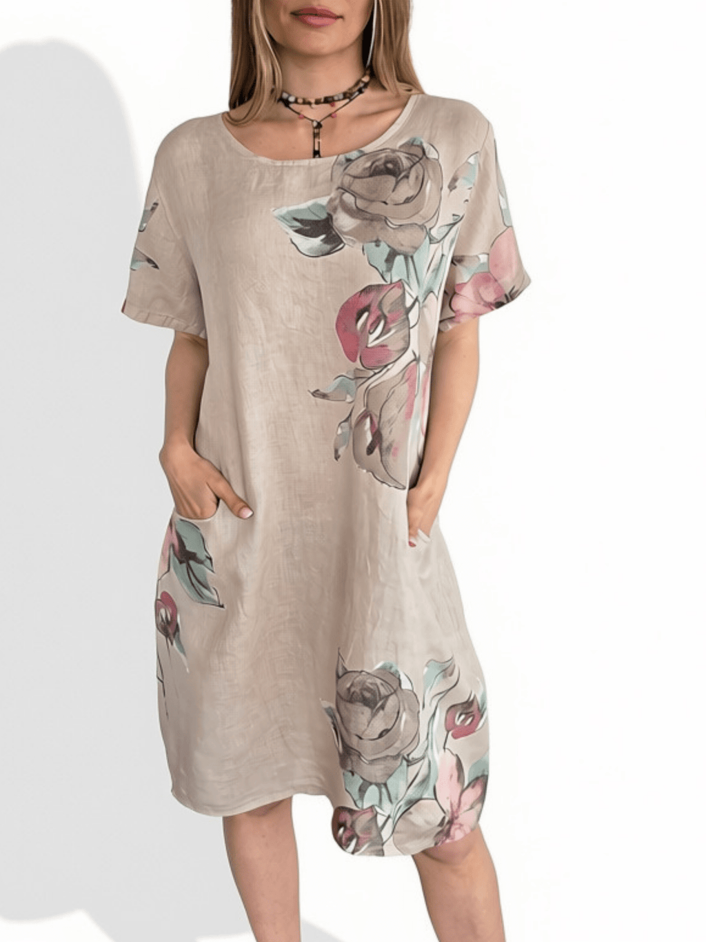 Vestido Italiano 100% Lino Estampado, fondo Beige