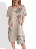 Vestido Italiano 100% Lino Estampado, fondo Beige