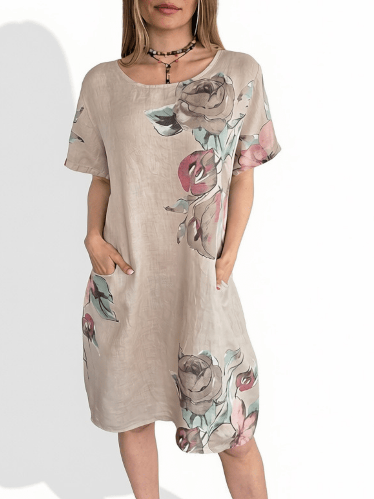 Vestido Italiano 100% Lino Estampado, fondo Beige