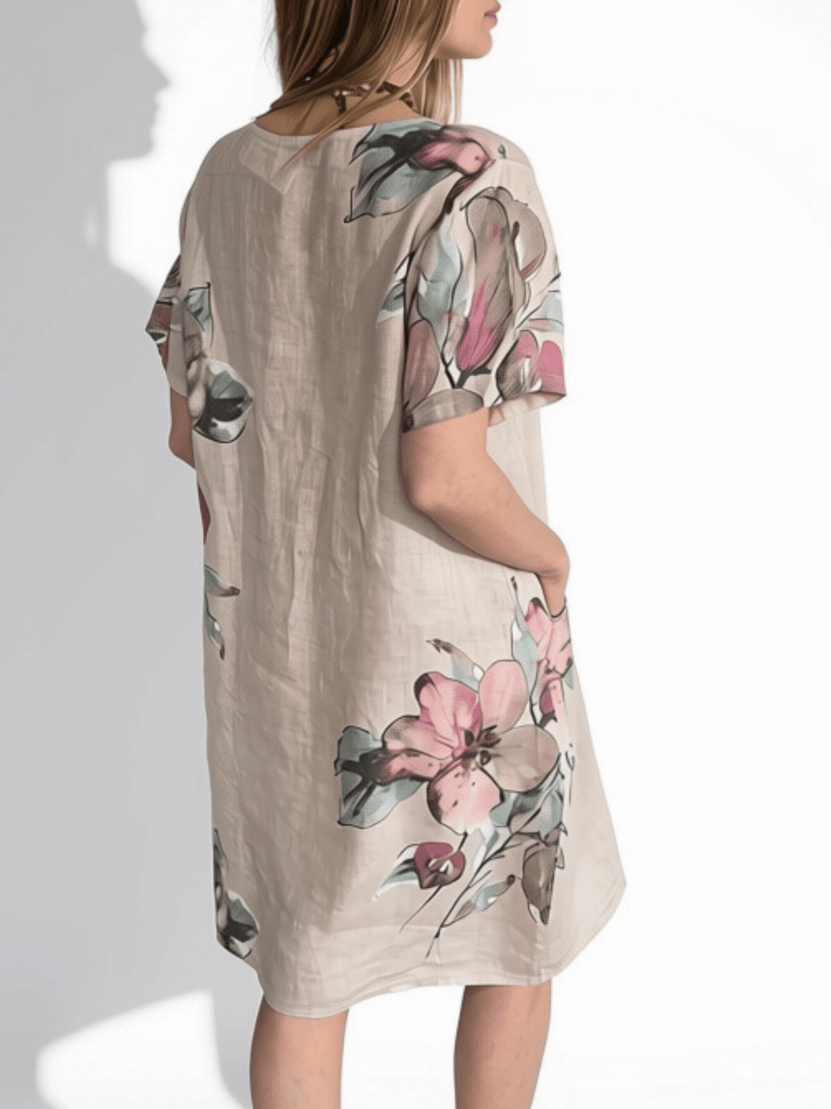 Vestido Italiano 100% Lino Estampado, fondo Beige