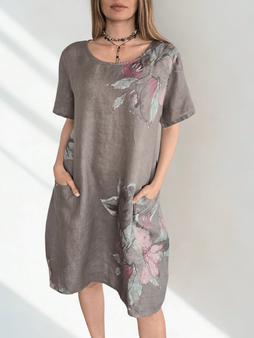 Vestido Italiano 100% Lino Estampado, fondo Taupe