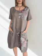 Vestido Italiano 100% Lino Estampado, fondo Taupe