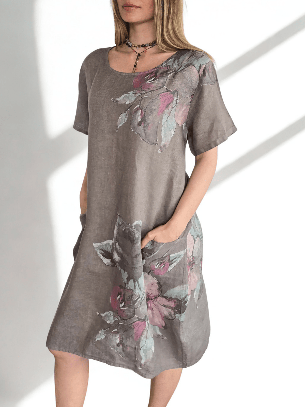 Vestido Italiano 100% Lino Estampado, fondo Taupe