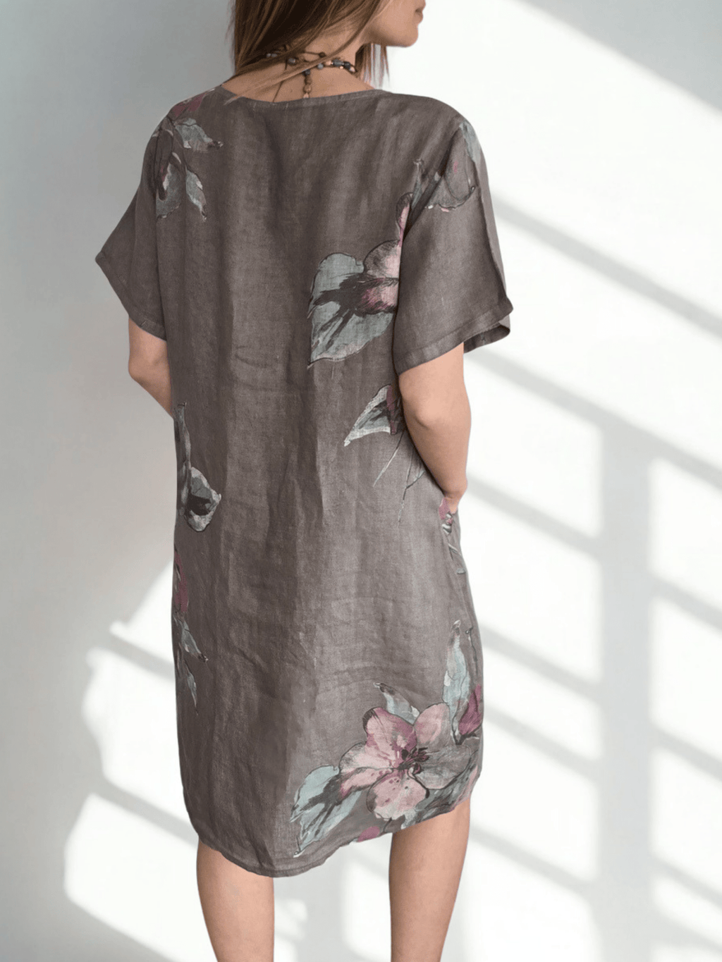 Vestido Italiano 100% Lino Estampado, fondo Taupe