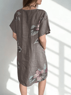 Vestido Italiano 100% Lino Estampado, fondo Taupe