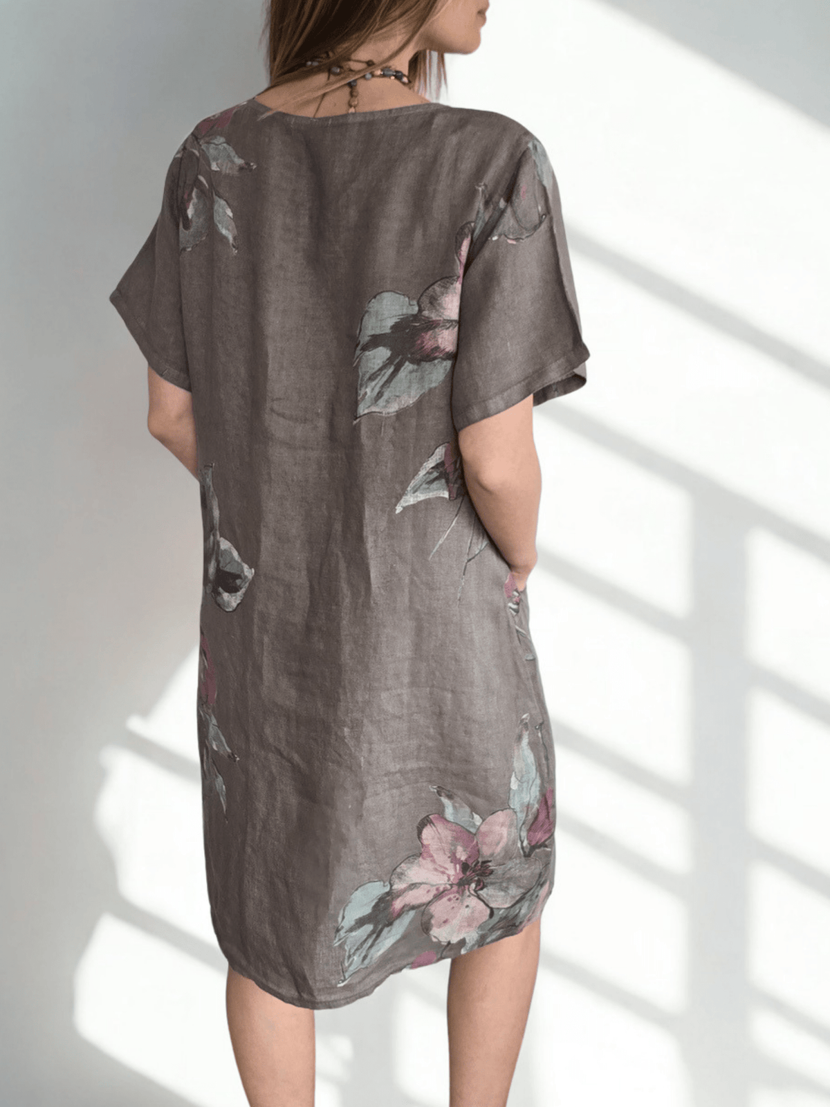 Vestido Italiano 100% Lino Estampado, fondo Taupe
