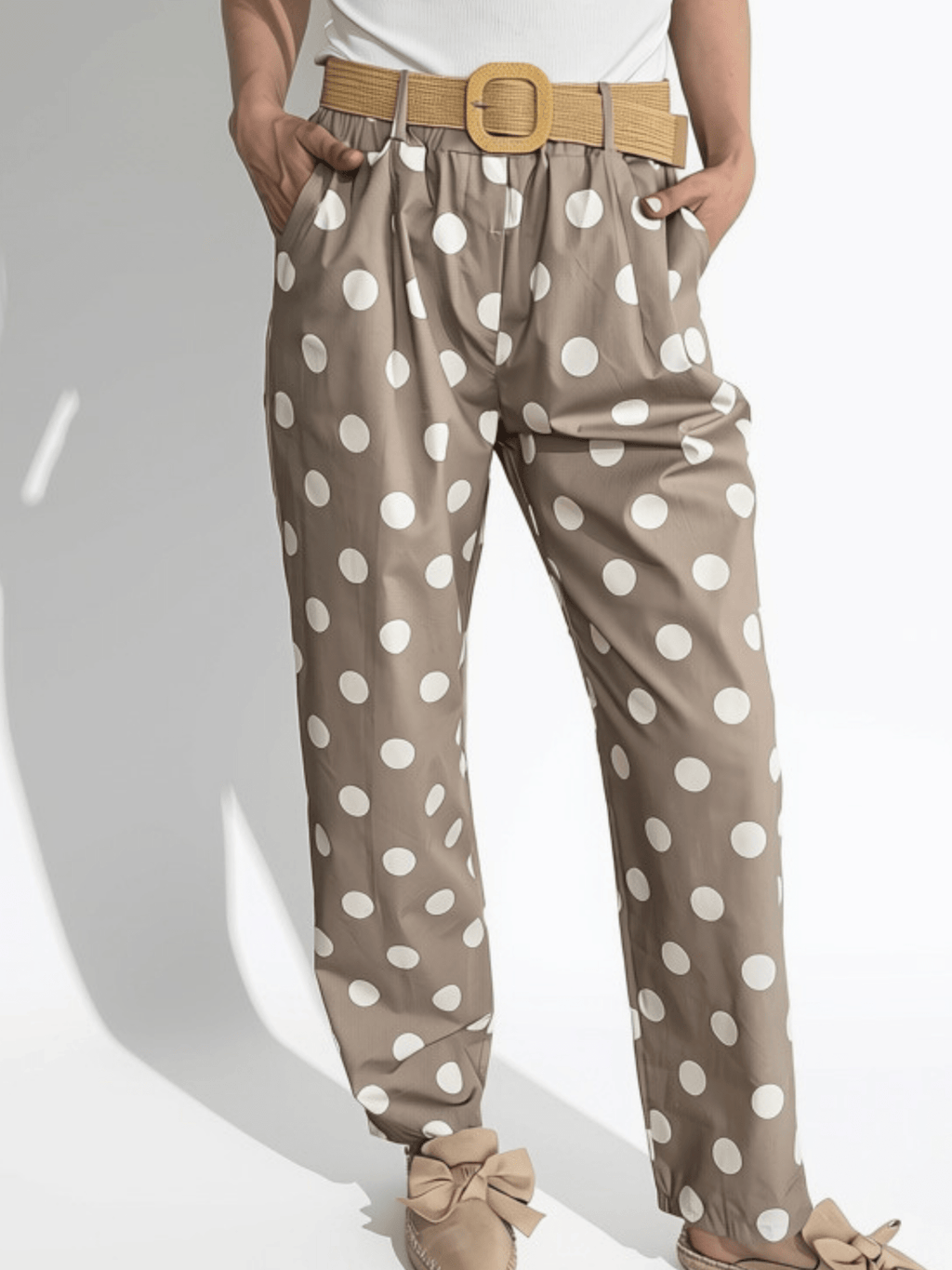 Pantalón Italiano Lunares, fondo Beige con Blanco