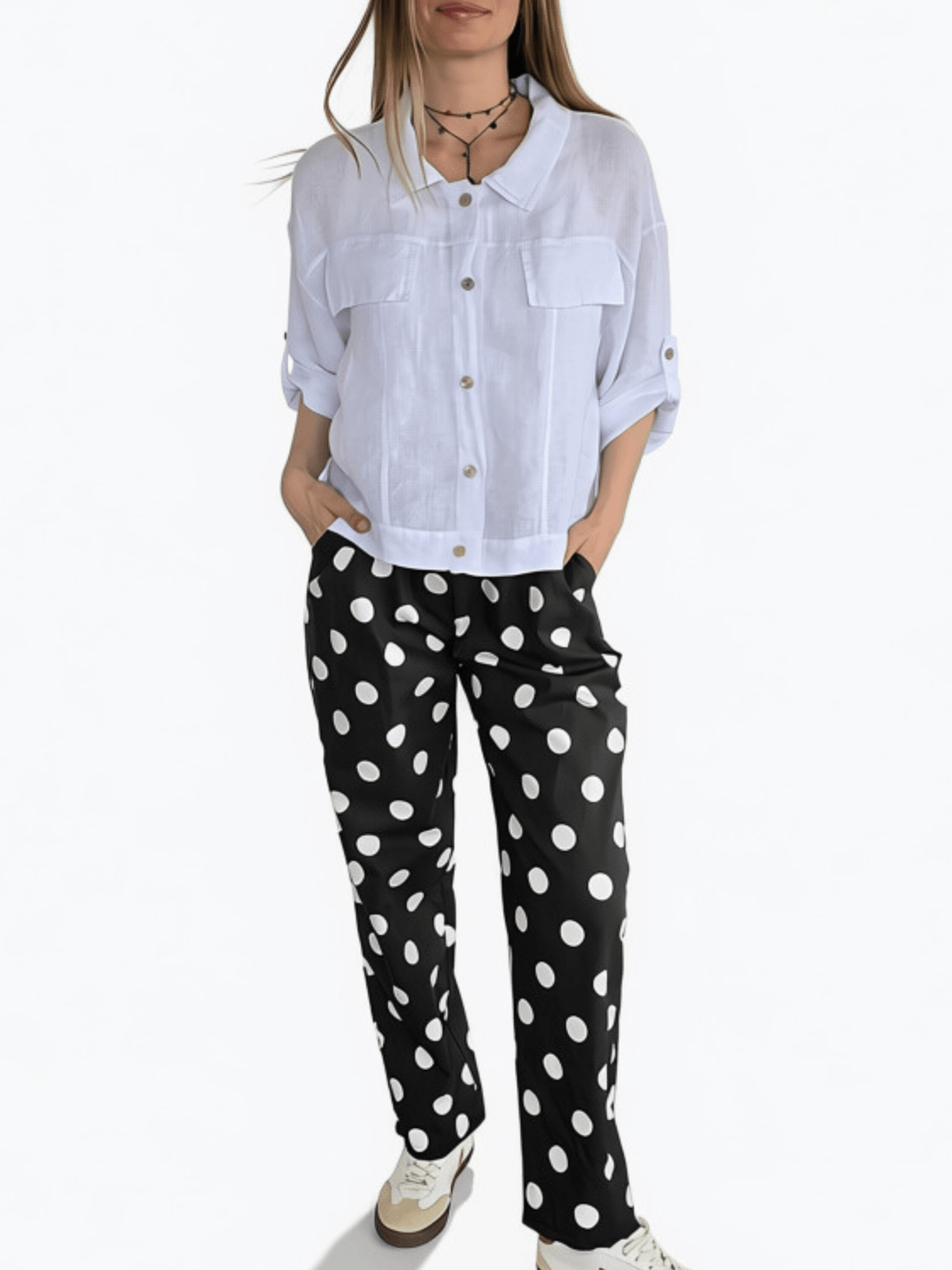Pantalón Italiano Lunares, fondo Negro con Blanco
