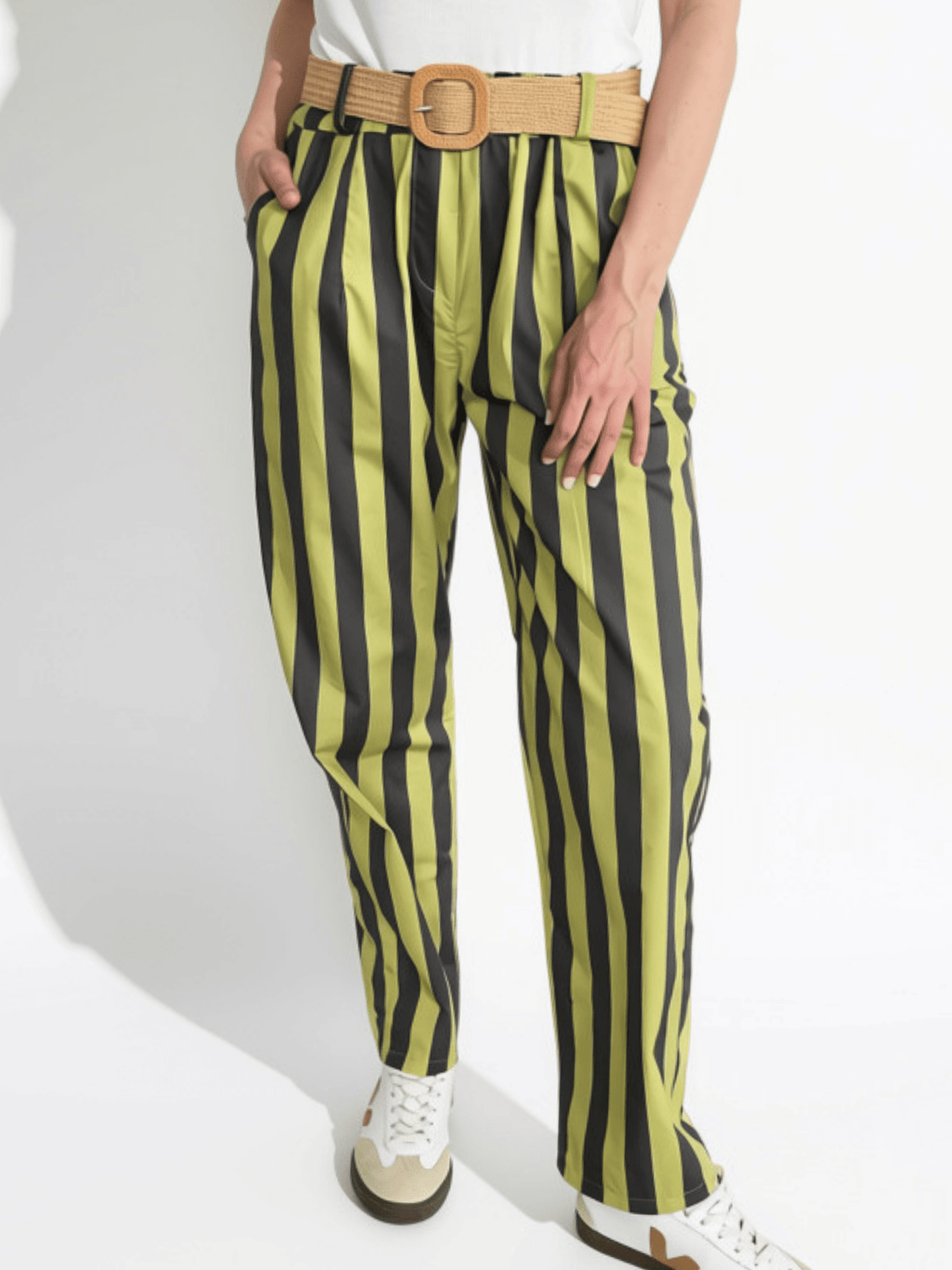 Pantalón Italiano Rayado, color Pistacho con Gris