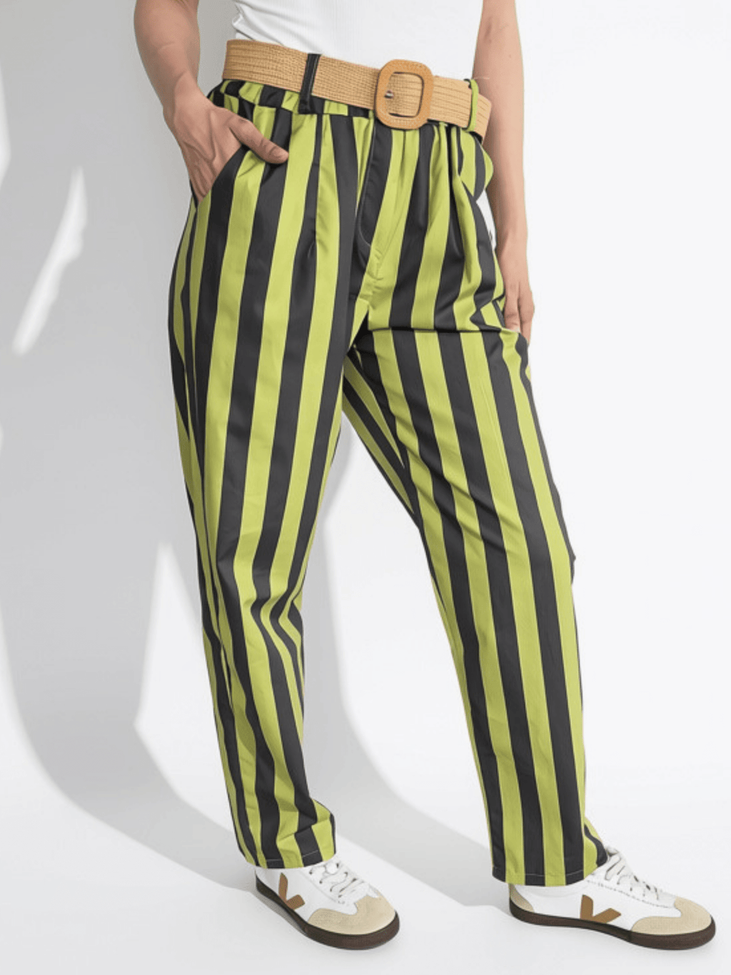 Pantalón Italiano Rayado, color Pistacho con Gris