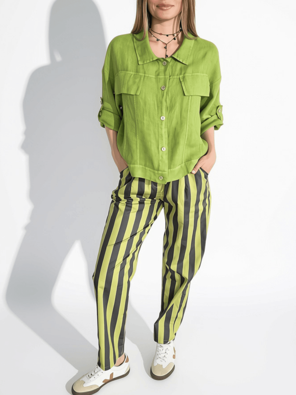 Pantalón Italiano Rayado, color Pistacho con Gris
