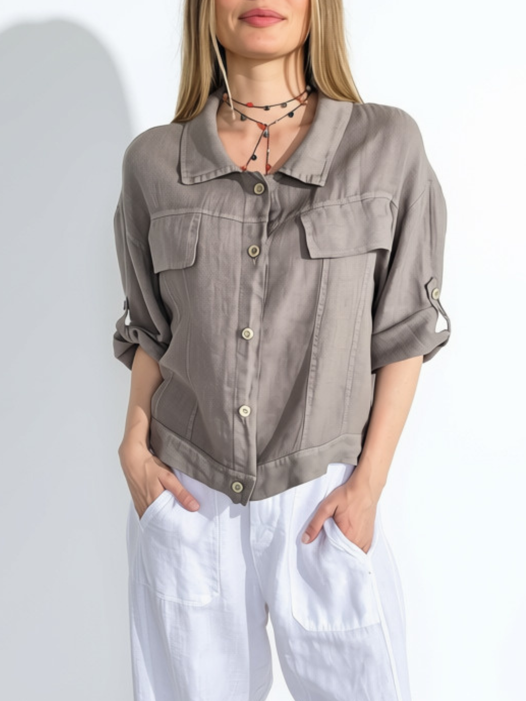 Chaqueta Italiana 100%Lino, color Taupe