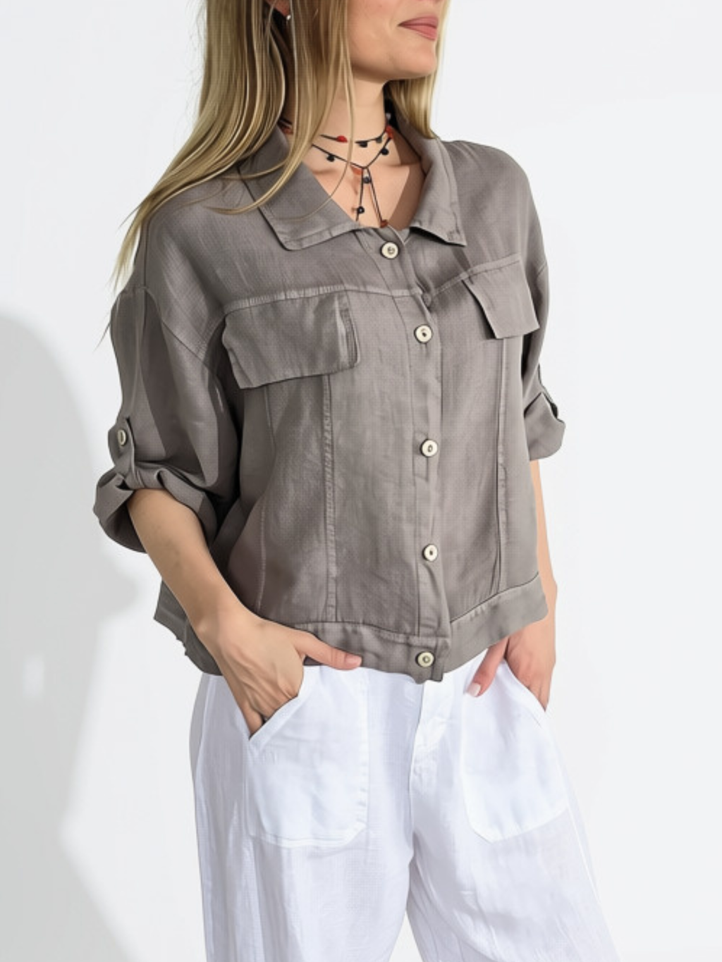 Chaqueta Italiana 100%Lino, color Taupe