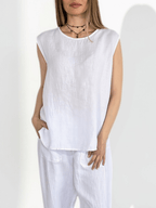 Blusa Italiana 100% Lino Espalda Bordada, color Blanco