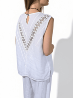Blusa Italiana 100% Lino Espalda Bordada, color Blanco