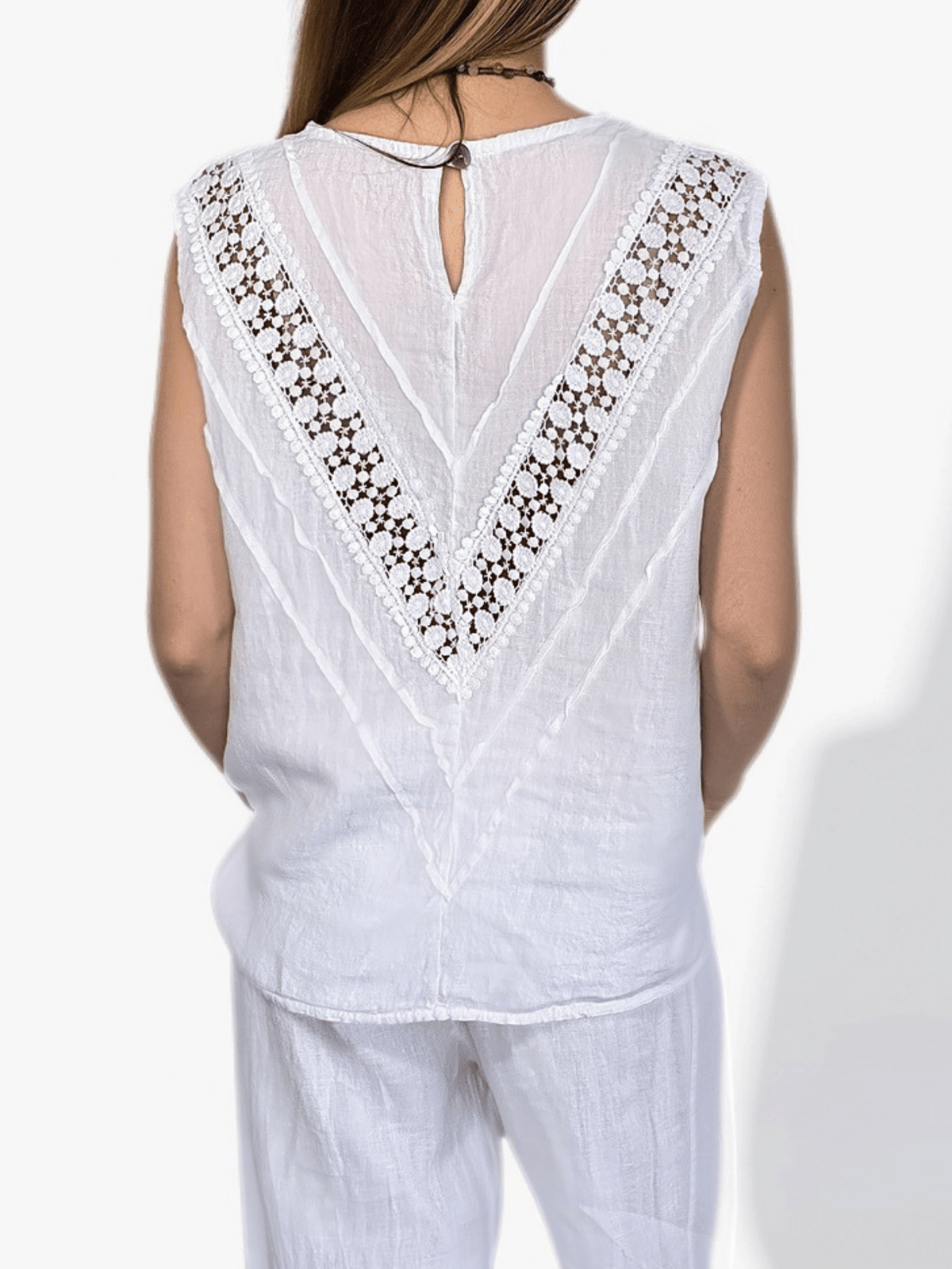 Blusa Italiana 100% Lino Espalda Bordada, color Blanco