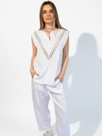 Blusa Italiana 100% Lino Espalda Bordada, color Blanco