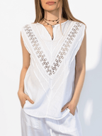Blusa Italiana 100% Lino Espalda Bordada, color Blanco